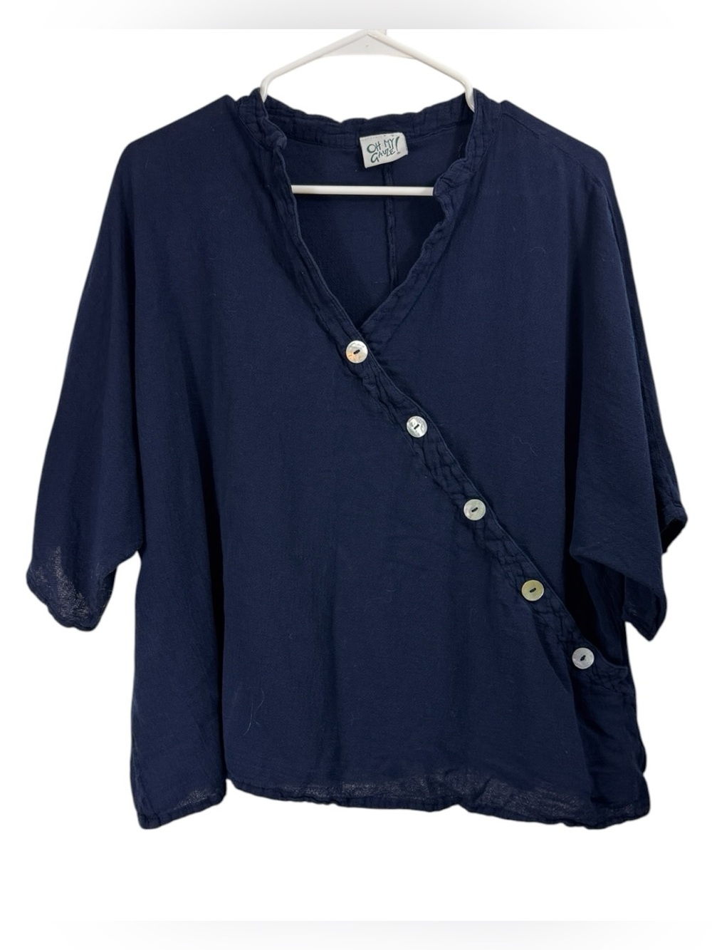 Oh My Gauze Asymmetric Button Top Size 1 S/M Oversized Navy Lagenlook Minimalist